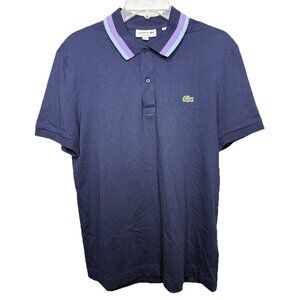Lacoste Mens Medium Navy Polo Shirt Blue Purple Stripe Collar Regular Fit Cotton